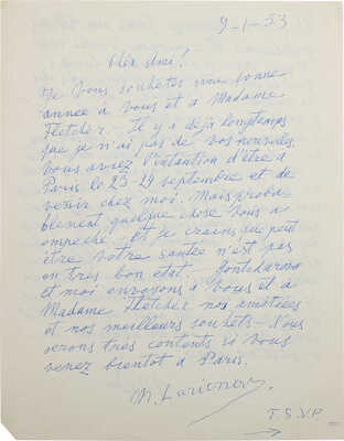 [Ларионов М.Ф., автограф]. Собственноручное письмо художника Михаила Ларионова... 1953 г.
